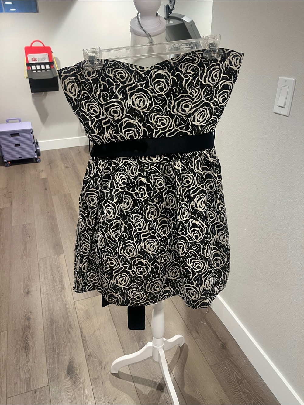 Strapless Black & White Floral Fit-and-Flare Dress
